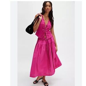 Free People Hot Pink Lace Up Eyelet Cotton Maxi Skirt Set L